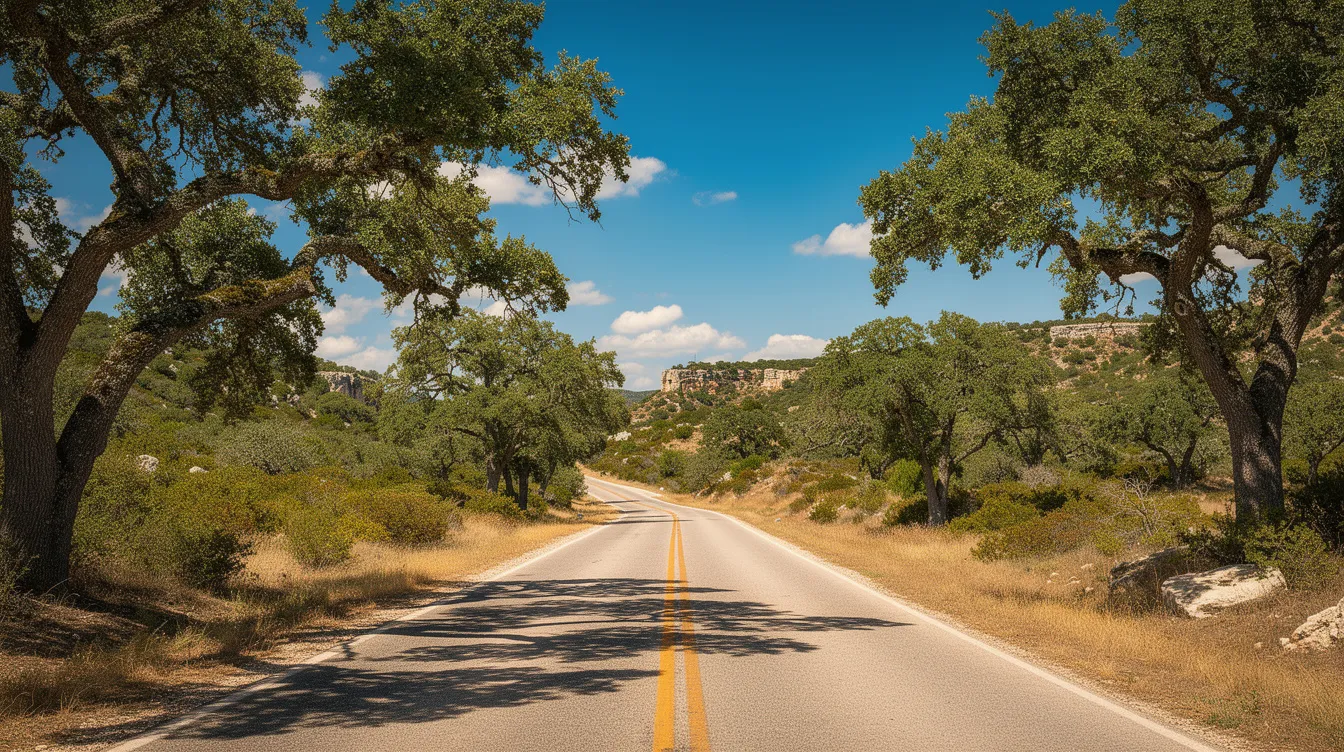 A picturesque road in Central Texas hill country is bordered by majestic live oak trees, all under a bright summer sky. This serene setting reflects the tranquility of daily living, ideal for older adults seeking peace and independence in their surroundings.
