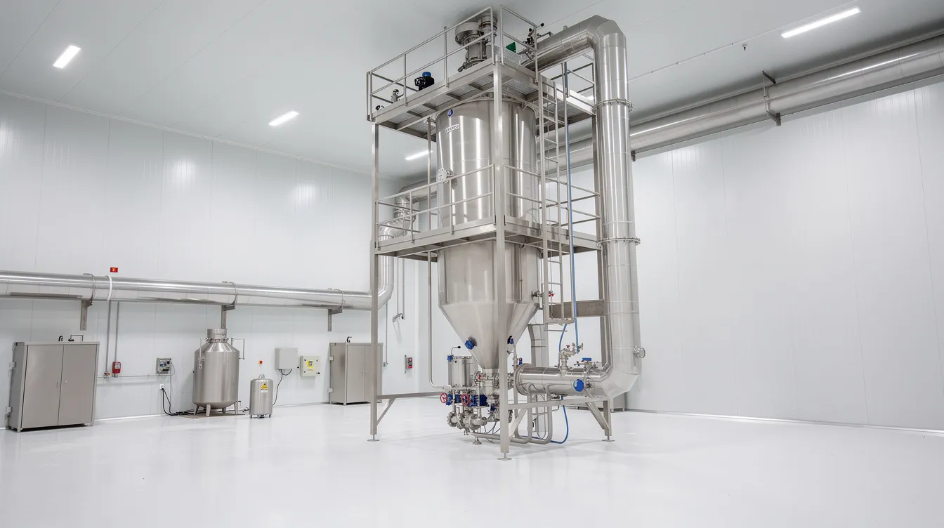 The image depicts an industrial spray dryer tower located within a clean dairy processing hall, showcasing stainless steel ducting that is integral to the milk powder manufacturing process. This facility is designed for efficient production of milk powder, including skimmed milk powder, highlighting key elements of the milk powder industry.