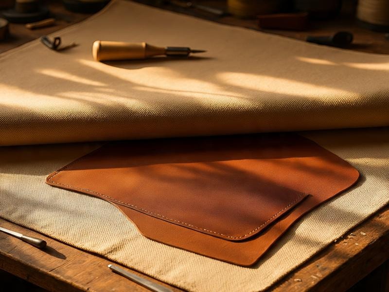 A picture showing a worktable shows canvas fabric and brown leather pieces ready for making bags. Scissors, thread, and tools are nearby. The canvas looks rough and natural, while the leather looks smooth and shiny. Both materials are flat and folded, showing their textures clearly for easy crafting. 