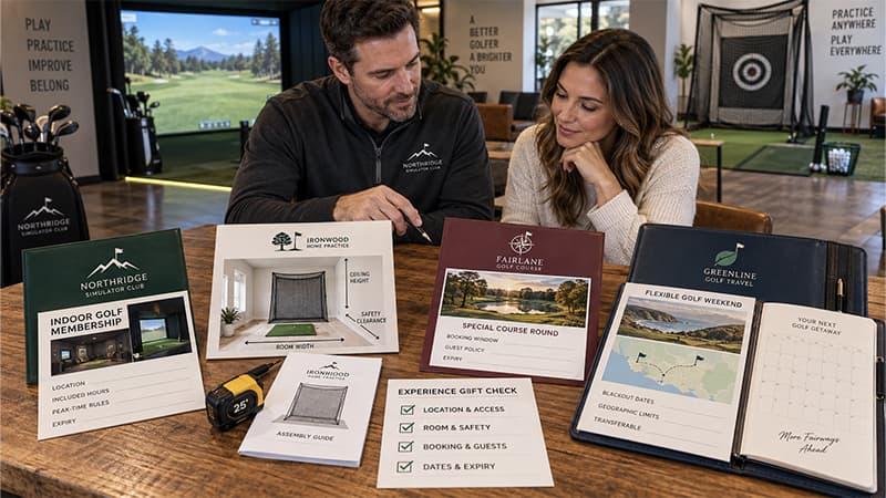 Buyer comparing an indoor golf membership, home practice station, special course round, and flexible golf weekend voucher