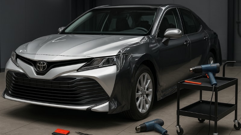 Toyota Camry is being wrapped using heat gun