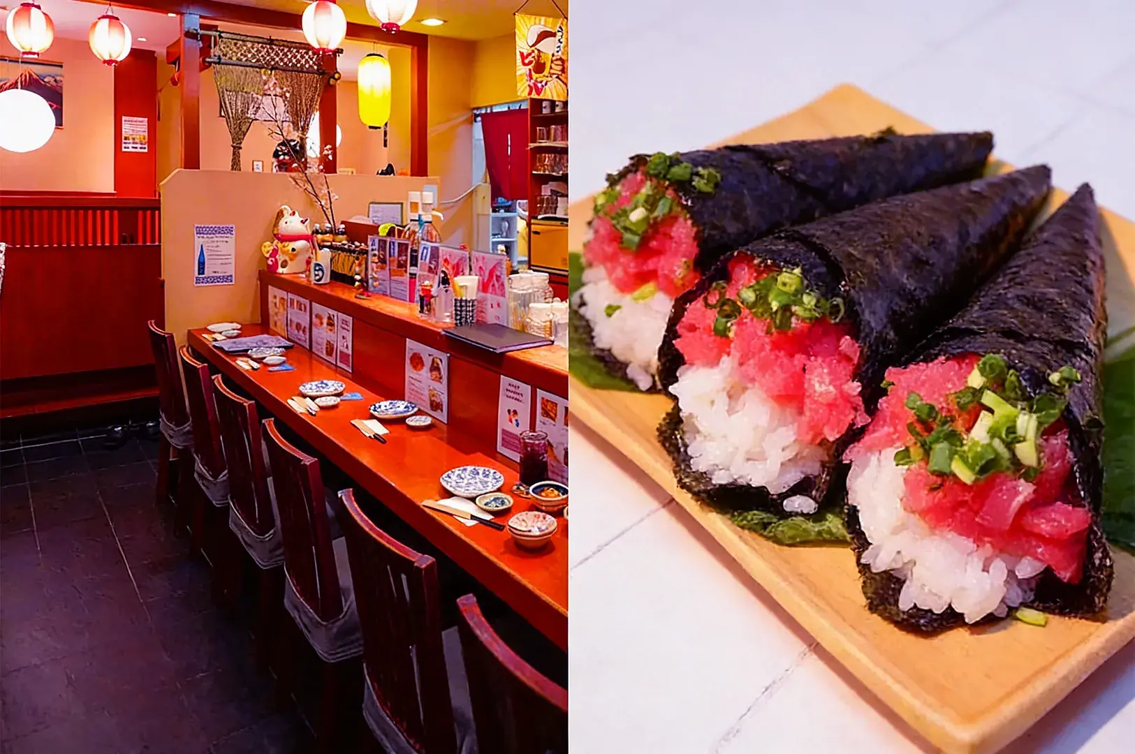 A cozy sushi restaurant with wooden seating and warm lighting, alongside a plate of vibrant tuna hand rolls garnished with green onions.