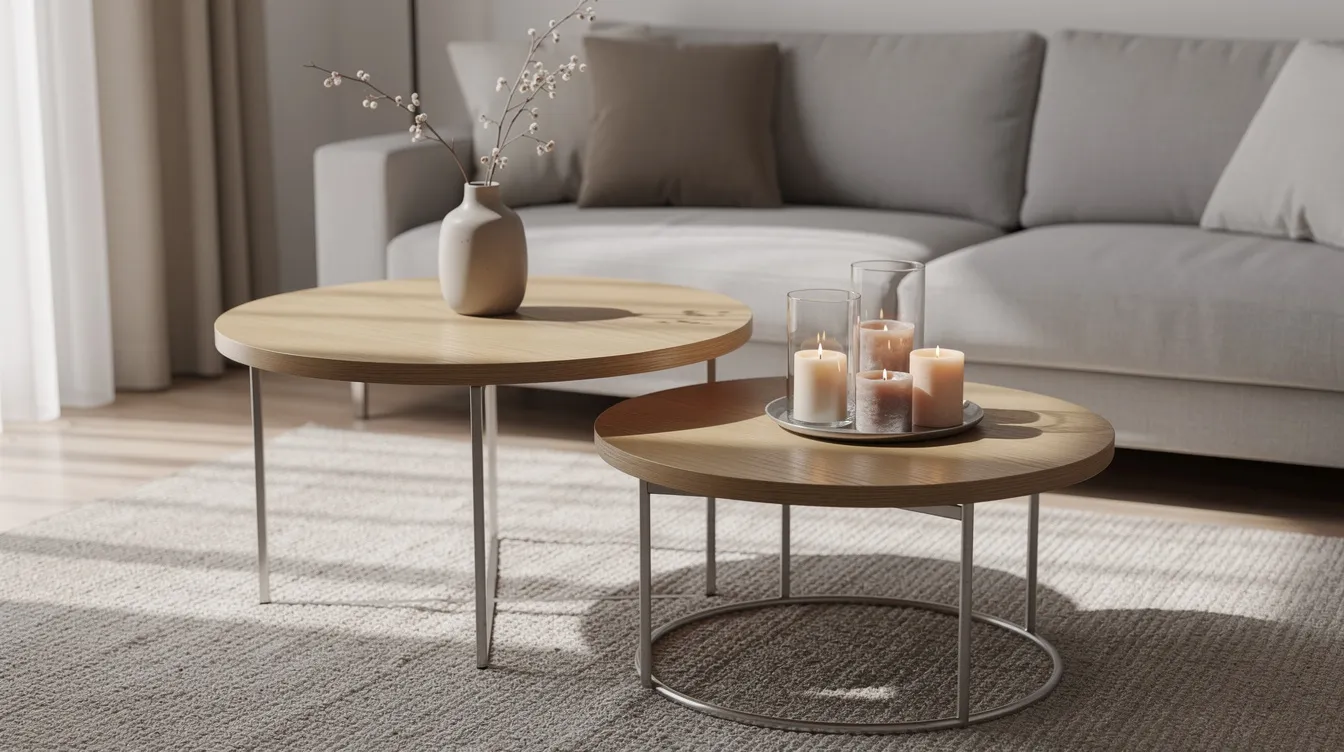 Een set van twee ronde salontafels met verschillende hoogtes staat centraal in de woonkamer, gestyled met een hoge vaas en enkele kaarsen voor een gezellige sfeer. De combinatie van verschillende materialen en neutrale tinten zorgt voor een stijlvolle salontafel decoratie.