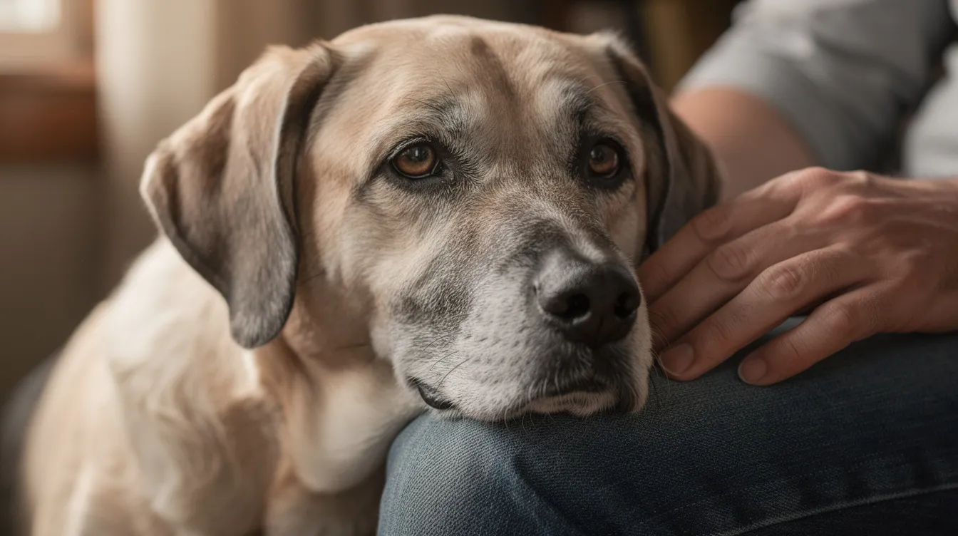 A close-up image captures a senior dog with a graying muzzle resting its chin affectionately on a man's knee, symbolizing the bond between pet and owner. This moment reflects the deep love and responsibility that pet dads have for their family dogs, showcasing the joy and peace they bring to our lives.