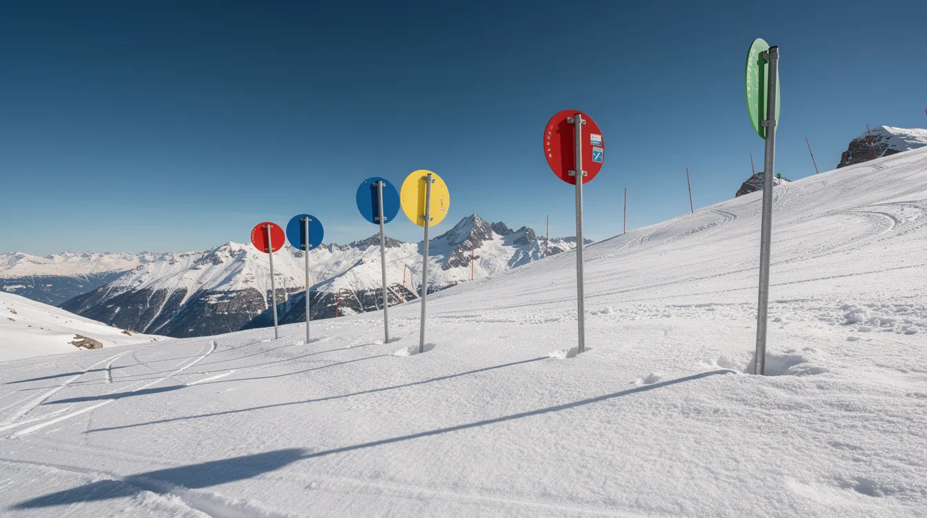 Bunte Pistenmarkierungen stehen auf einer verschneiten Bergabfahrt unter einem blauen Himmel und weisen den Weg für Skifahrer, insbesondere für Anfänger, die beim Skifahren lernen und ihre Technik verbessern möchten. Die lebhaften Farben der Markierungen heben sich deutlich vom weißen Schnee ab und schaffen eine einladende Atmosphäre für alle Skifans.