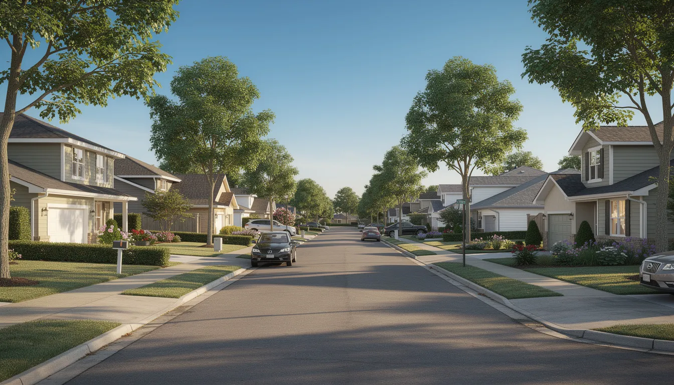 The image depicts a peaceful suburban residential street lined with well-maintained houses under clear blue skies, creating a serene atmosphere. This setting could be ideal for families considering DSTV installation services, including satellite dish installation and professional setups for their homes.