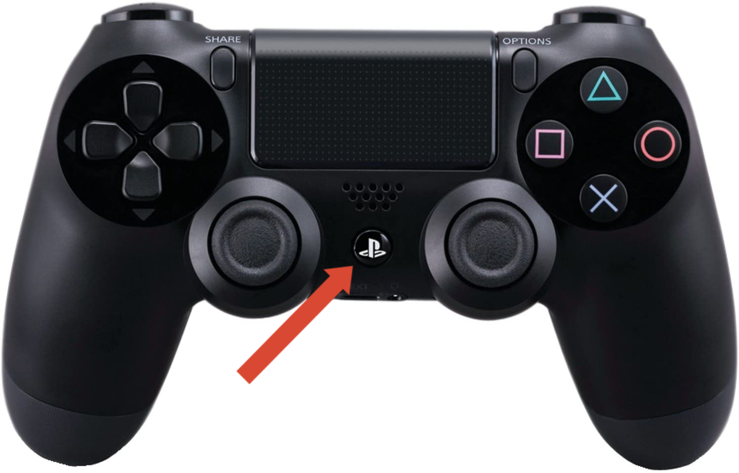 Photo indicating the PS button on a Sony Dual Shock 4 controller