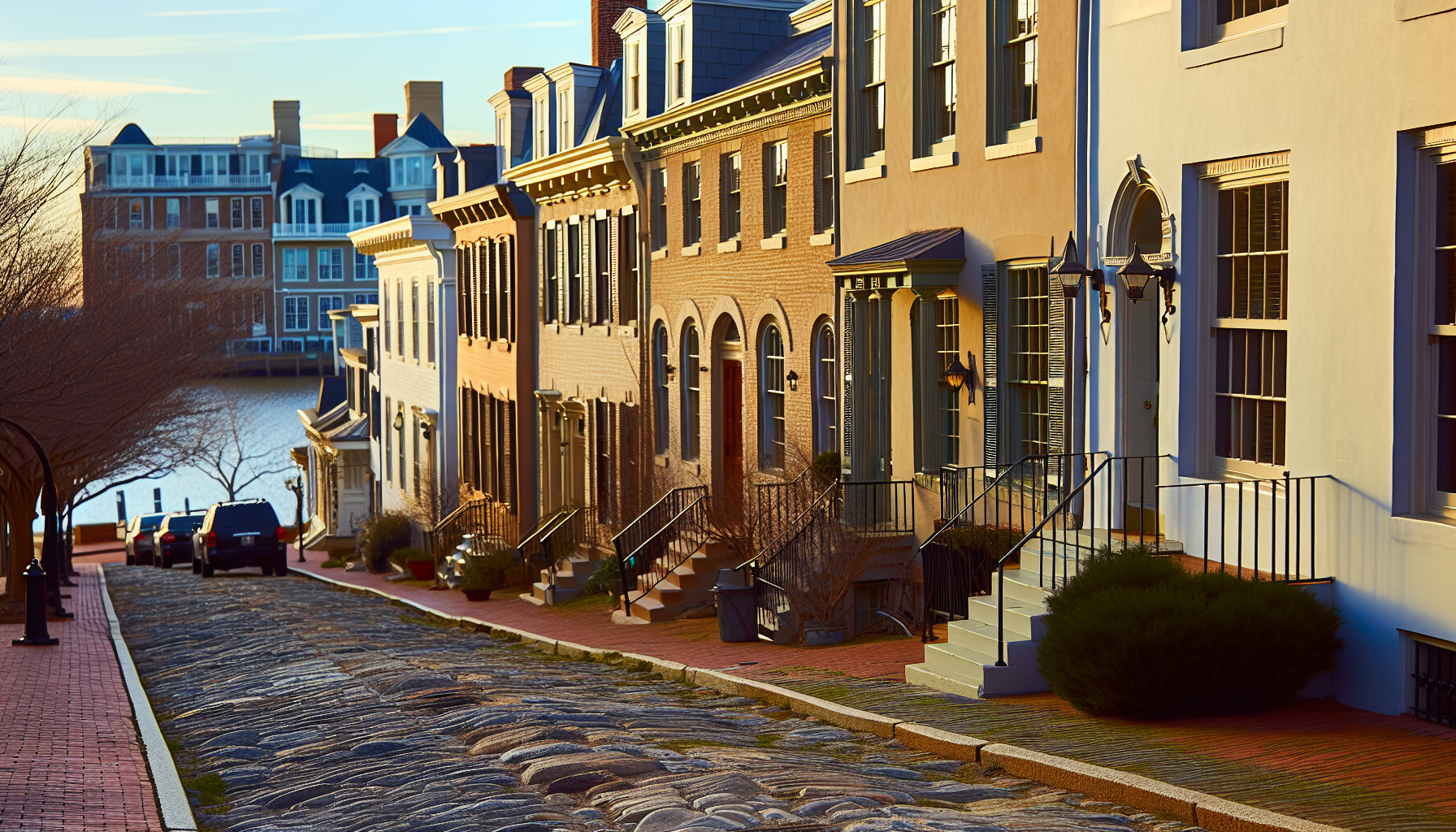 Historic cobblestone streets of Georgetown with waterfront view