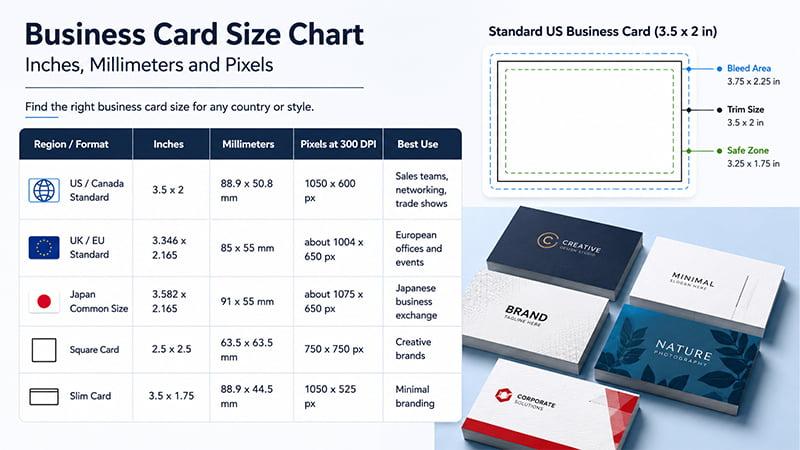 business card size chart comparing US Canada UK Europe Japan square and slim card dimensions in inches millimeters and pixels