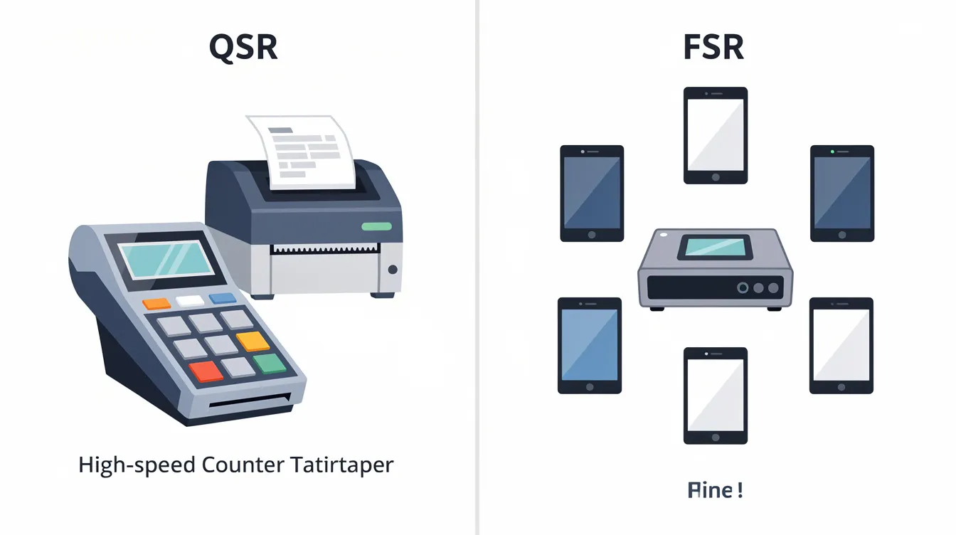 The image features a clean, split-vector diagram illustrating two restaurant concepts: the left side depicts "QSR" with icons of a high-speed counter terminal and a kitchen printer, while the right side represents "FSR" with a central station and multiple handheld mobile devices. The professional design uses a minimal color palette against a white background, emphasizing the icons relevant to restaurant operations and management software.