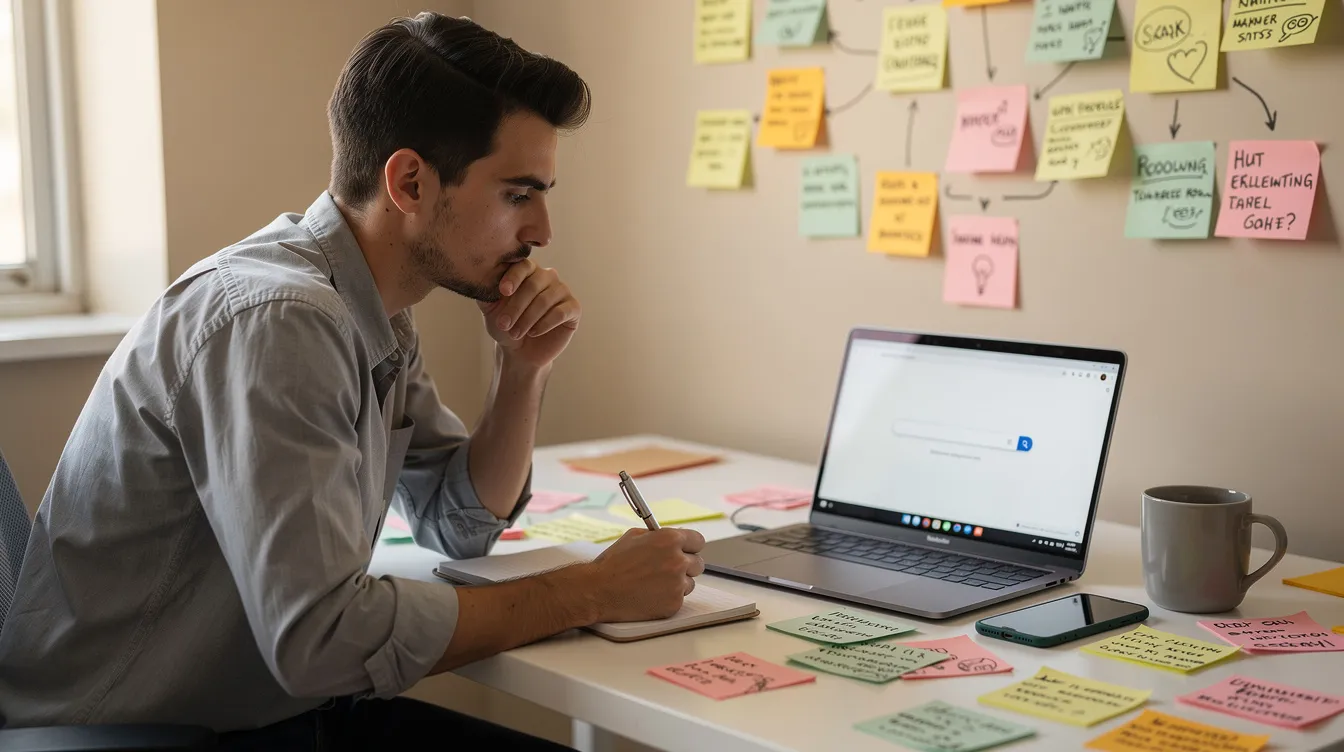 The image depicts a person sitting at a desk, engaged in brainstorming with colorful sticky notes scattered around. A laptop is open to a search engine, suggesting they are researching relevant keywords and exploring keyword ideas for their SEO strategy.