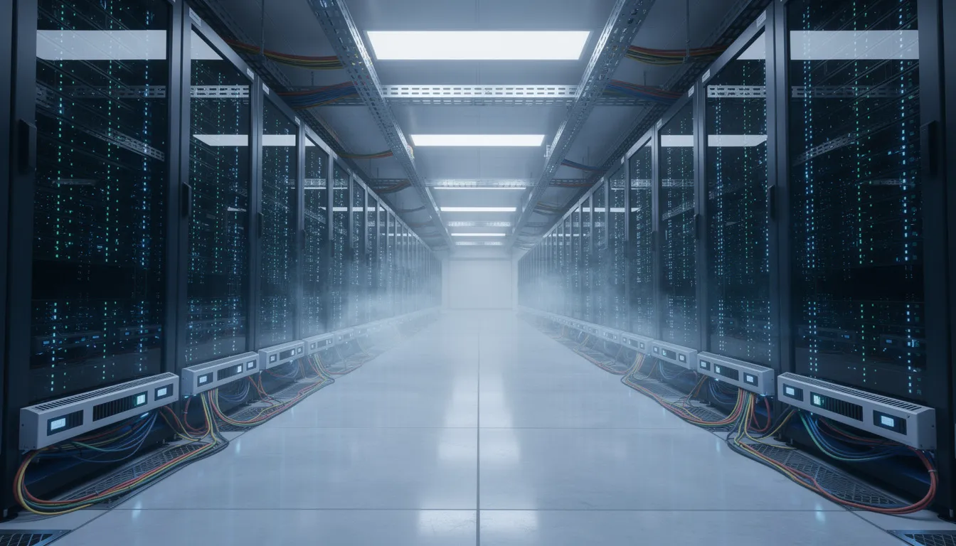 The image depicts a modern data center filled with rows of illuminated server racks and advanced cooling systems, showcasing the powerful AI systems and technologies that drive today's AI capabilities and applications. This environment highlights the critical role of data centers in supporting AI development and the evolution of artificial intelligence.