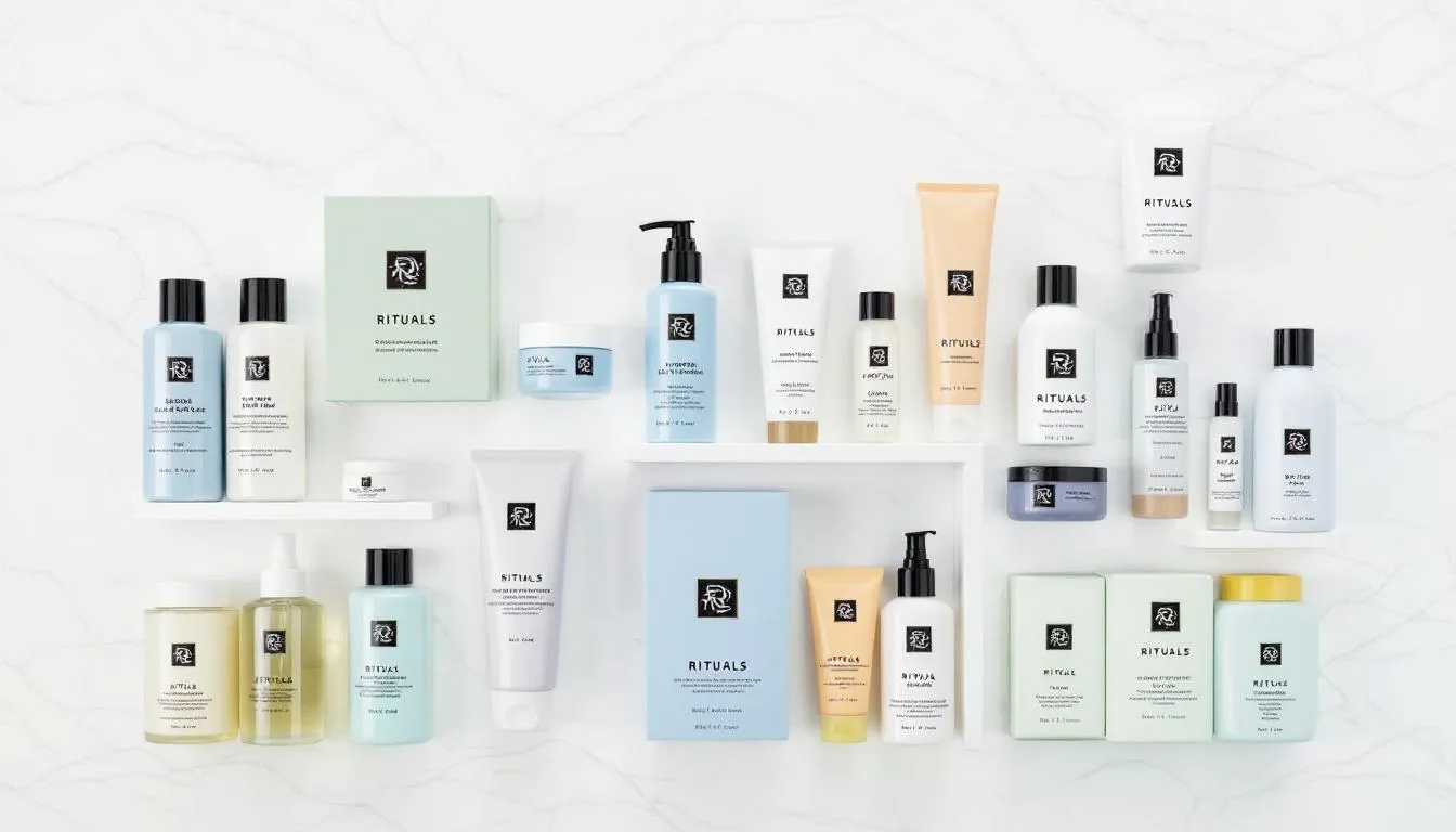 Na zdjęciu widać różnorodne zestawy produktów Rituals, uporządkowane według linii produktowych, w tym świece zapachowe, pianki pod prysznic oraz olejki, które zachęcają do relaksu i pielęgnacji ciała. Zestawy te są doskonałym pomysłem na upominek, oferując naturalne składniki i wyjątkowe doznania zapachowe.