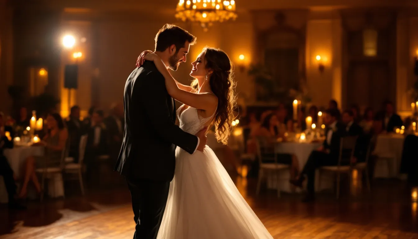 A modern couple enjoying their first dance to contemporary wedding love songs.