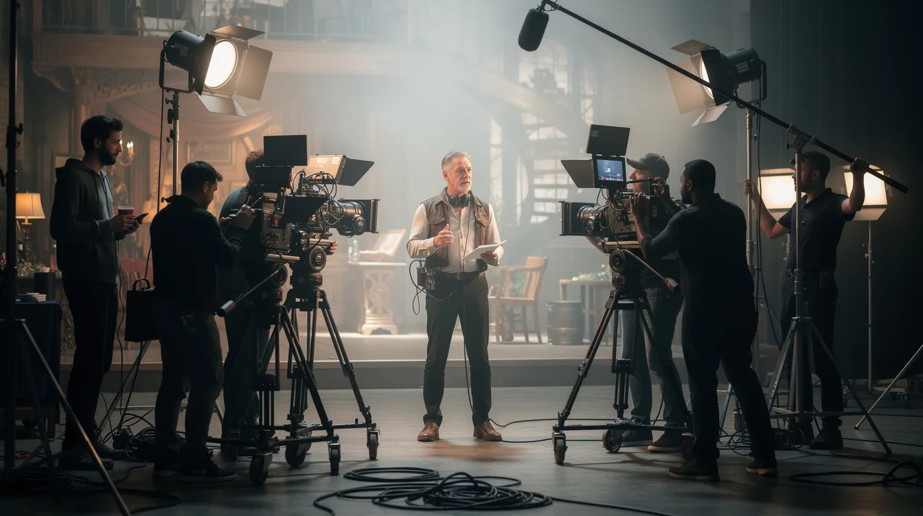 Ein Filmregisseur steht auf einem Set, umgeben von Kameras und Scheinwerfern, während er konzentriert mit seinem Team an der Umsetzung einer neuen Episode einer Drama-Serie arbeitet. Die Atmosphäre ist geprägt von Kreativität und dem Streben nach perfektem Storytelling, das die Zuschauer fesseln soll.