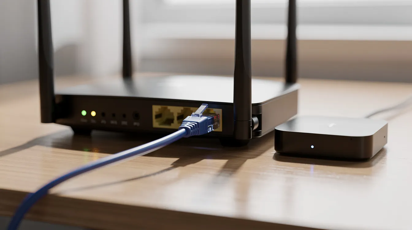 A close-up view of a wireless router with an Ethernet cable connected, situated on a desk beside a streaming device, highlighting the essential components for accessing IPTV services and streaming live TV channels. The setup illustrates the importance of a stable internet connection for enjoying on-demand content and various IPTV subscriptions.
