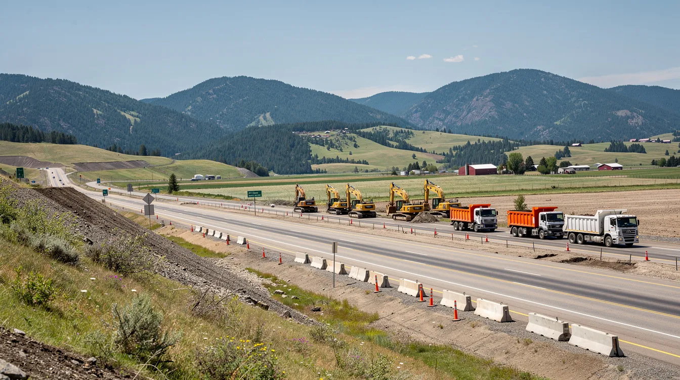 The image depicts a highway corridor under construction, featuring various construction equipment and trucks set against a backdrop of a rural mountain landscape. This scene highlights the construction industry’s efforts to manage material costs and project timelines amidst unique challenges such as labor shortages and supply chain disruptions.