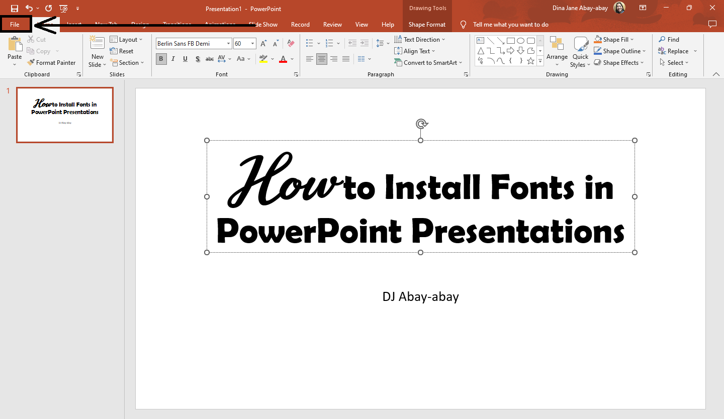 Click the "File" tab in your PowerPoint presentation.