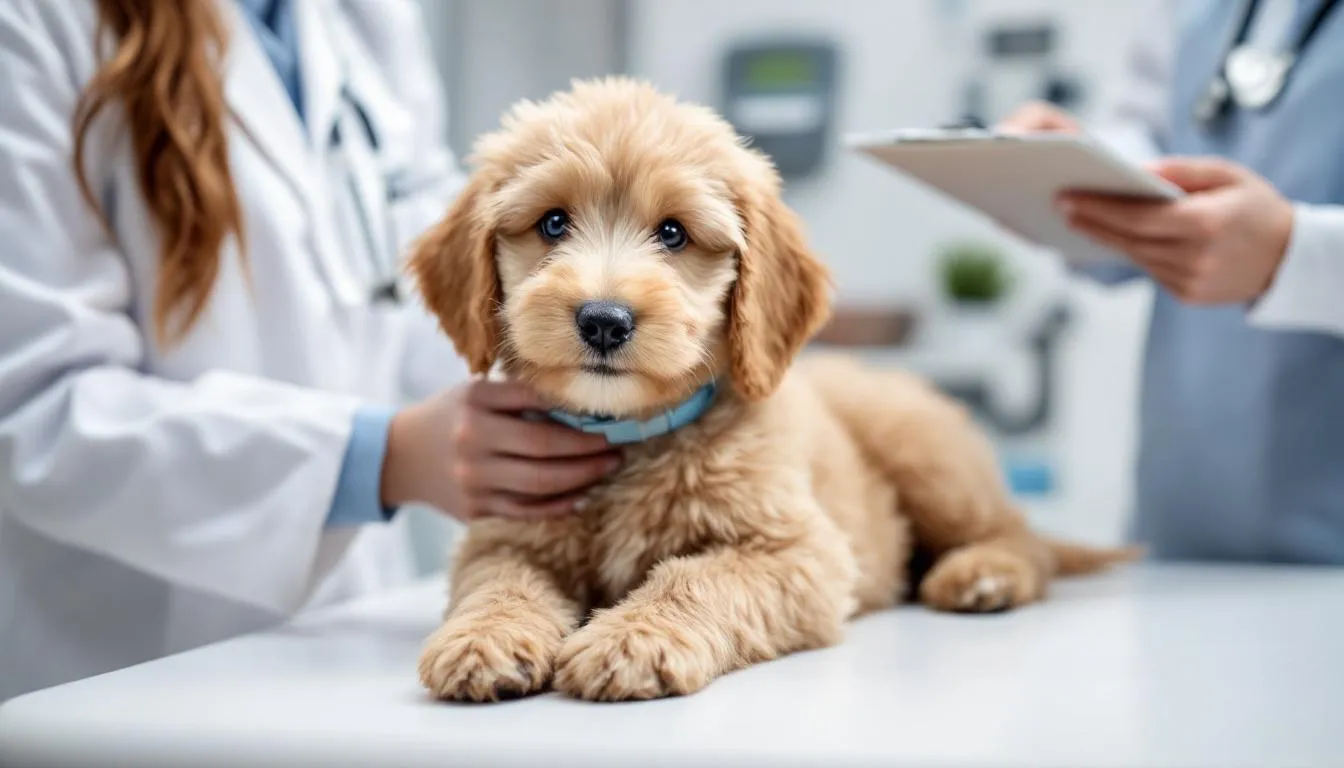 A mini Goldendoodle puppy is receiving veterinary care, showcasing the health testing and preparation necessary for its well-being. This adorable puppy represents a wonderful addition to any family, ensuring a healthy start for future litters and new family members.