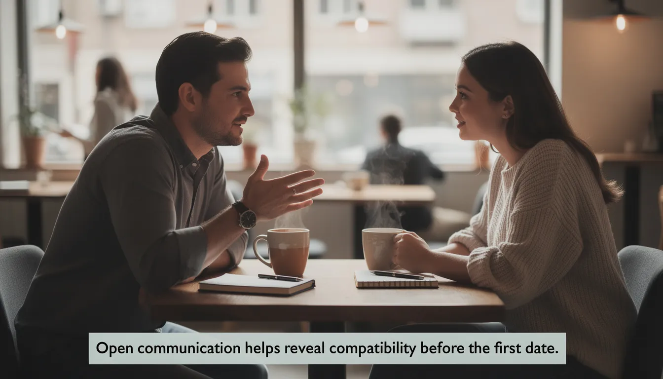 The image depicts two people engaged in a meaningful conversation over coffee, highlighting the importance of open communication in assessing compatibility and mutual respect before embarking on a dating journey. This moment emphasizes the role of similar values and healthy interactions in forming a long-term relationship.