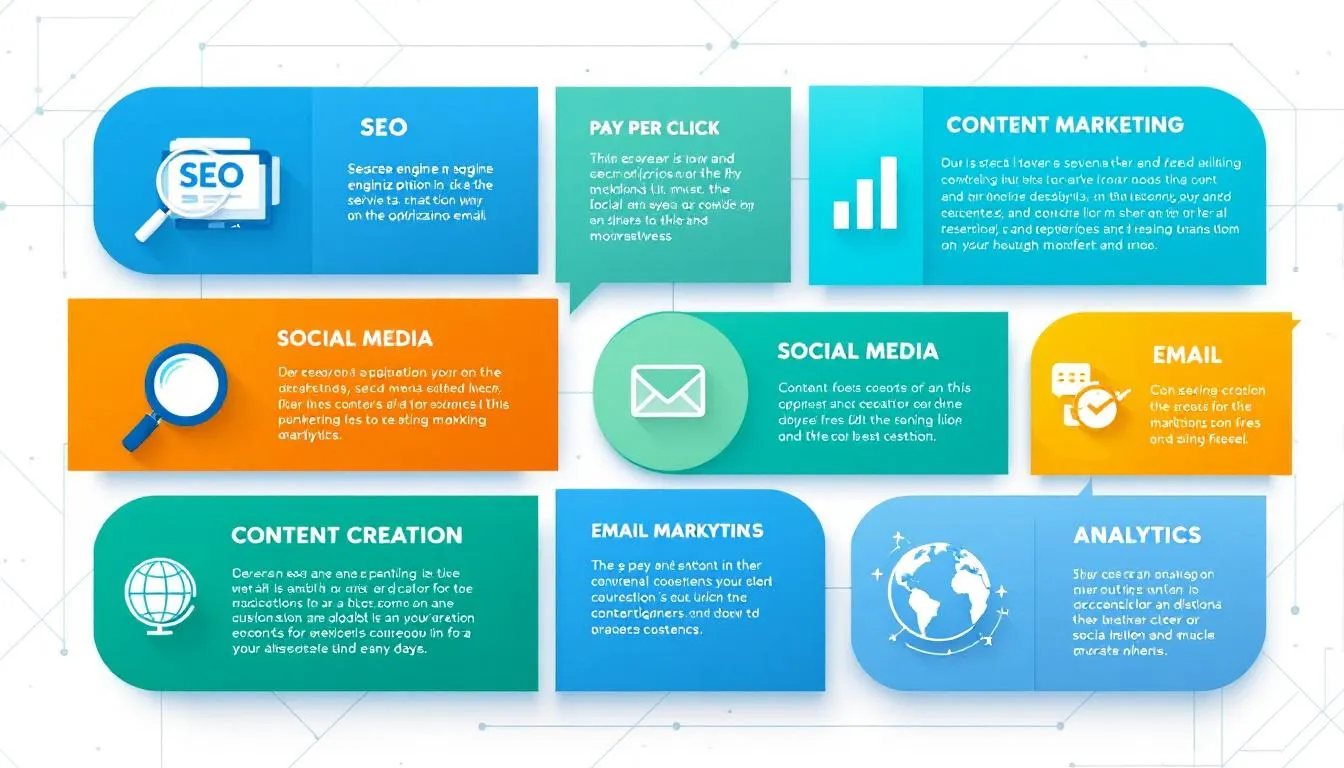 The image showcases a variety of services offered by top digital marketing agencies, including social media marketing, SEO services, content marketing, and performance marketing. It highlights the importance of tailored digital strategies to enhance online visibility and achieve business goals through innovative solutions and comprehensive marketing strategies.