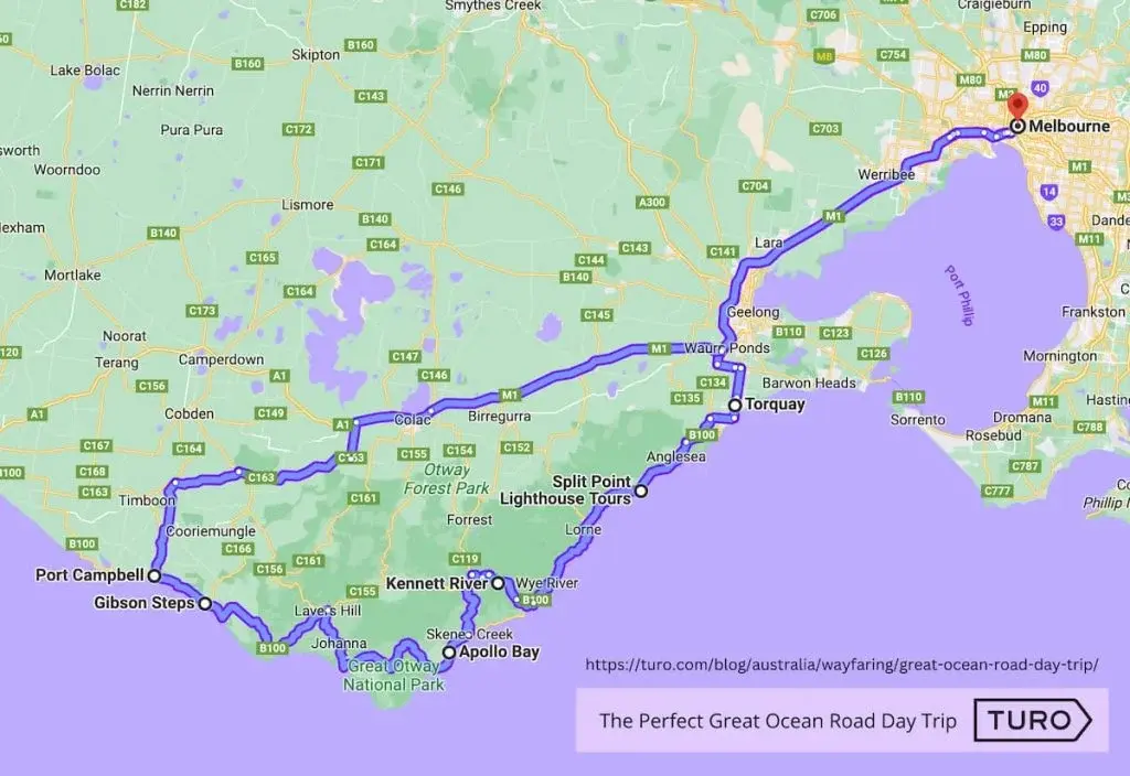 Great Ocean Road map from Melbourne to Port Campbell, Victoria.