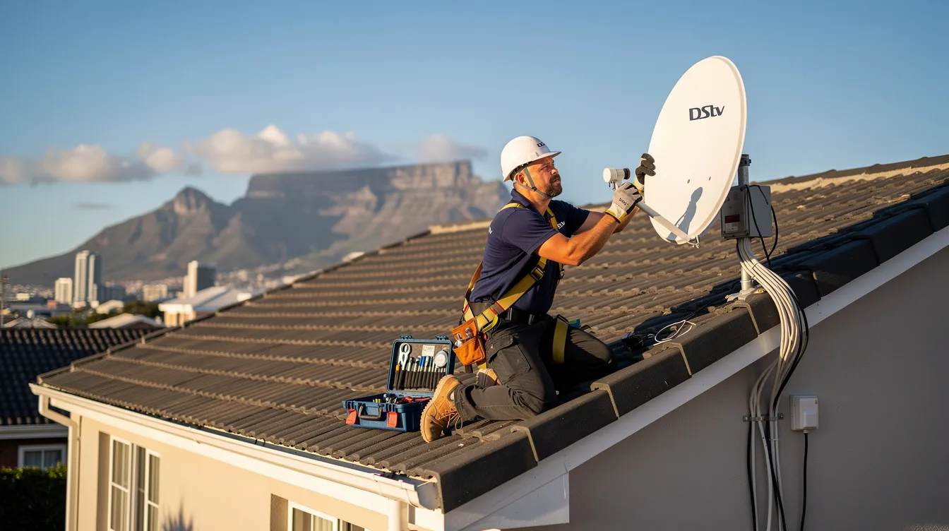 A professional DSTV installer is seen mounting a satellite dish on a residential roof in Cape Town, South Africa, showcasing their expertise in DSTV installation services. The technician is carefully positioning the dish to ensure optimal signal reception for clients in the area.