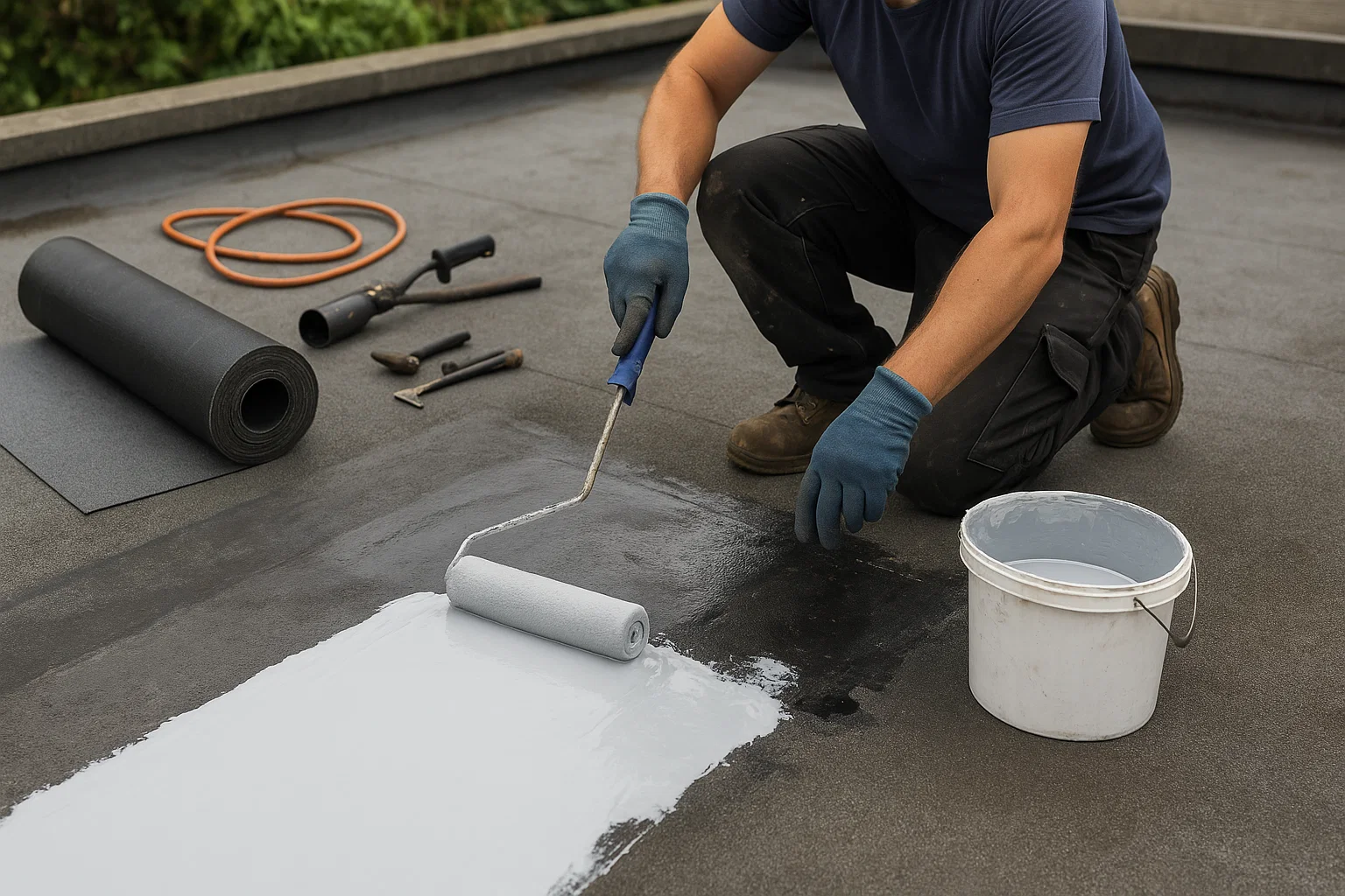 Roofer applying liquid coating to a flat commercial roof.