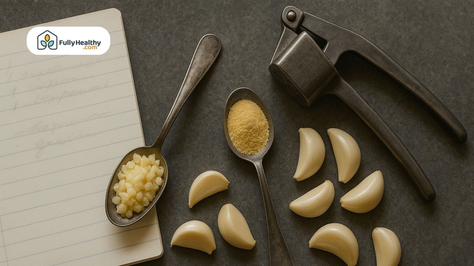 Spoons with minced garlic and garlic powder next to fresh garlic cloves