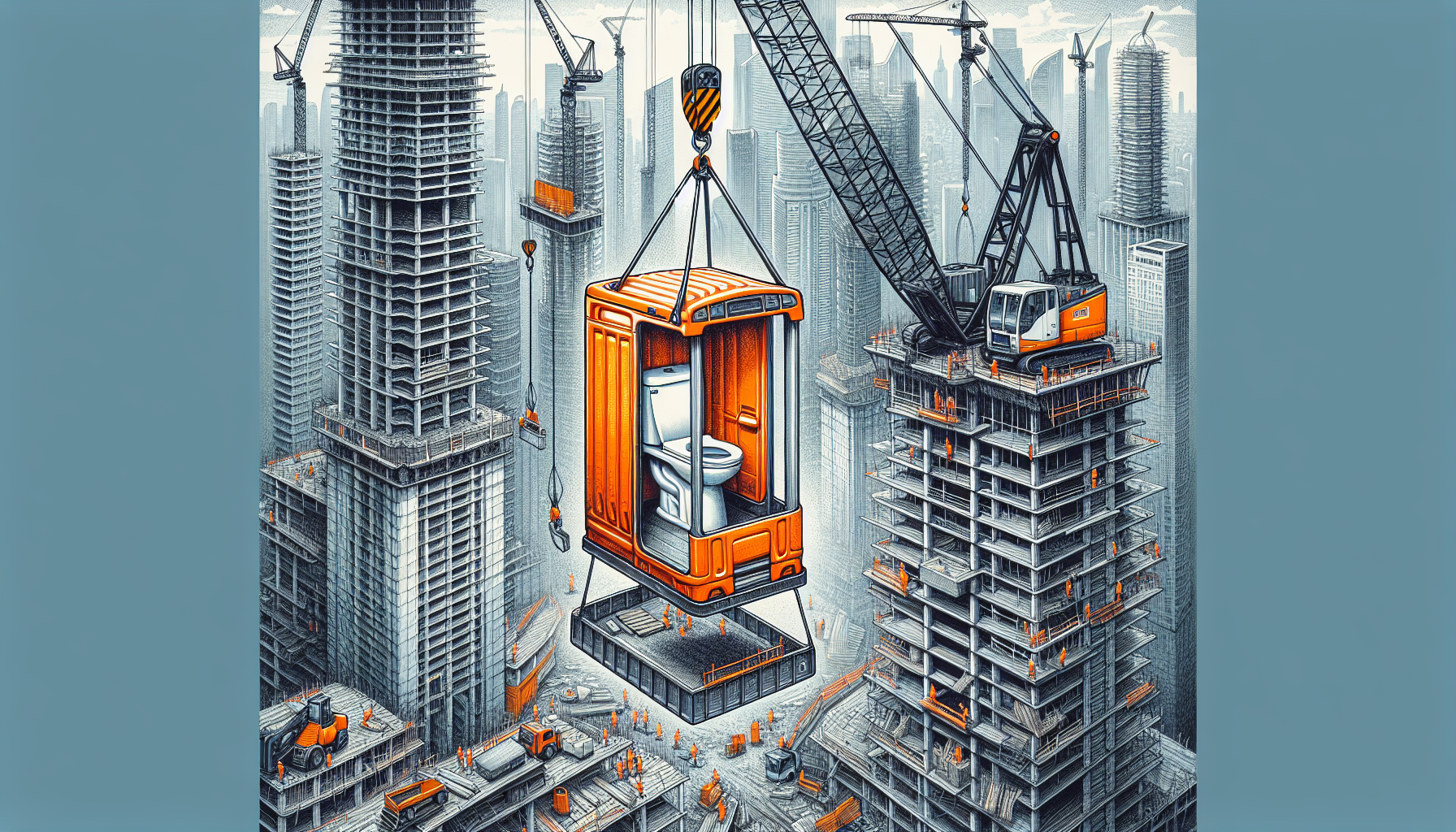 A fun high rise construction toilet illustration