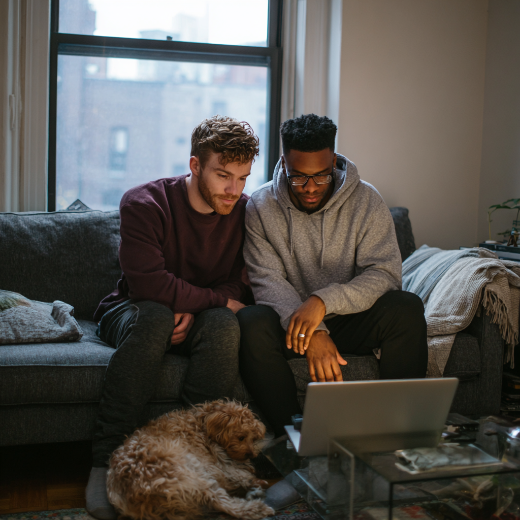 Couple in an online couples therapy NYC session experiencing a moment of recognition with their therapist on screen.