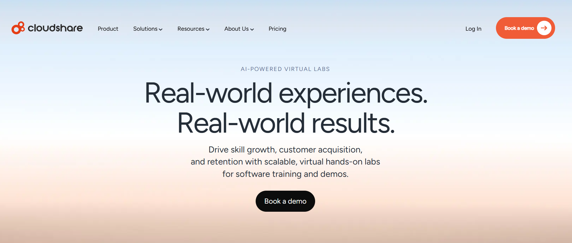 Homepage of an AI-powered virtual lab platform showcasing scalable hands-on software training, interactive demos, and cloud-based learning experiences.