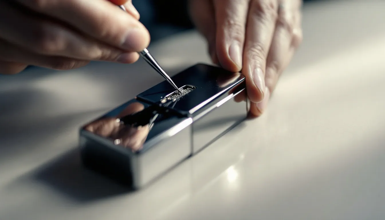 A person cleaning a Vertigo lighter with tools.