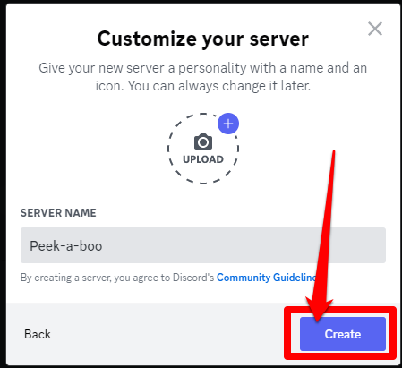 Picture showing the final step involved in creating a Discord server