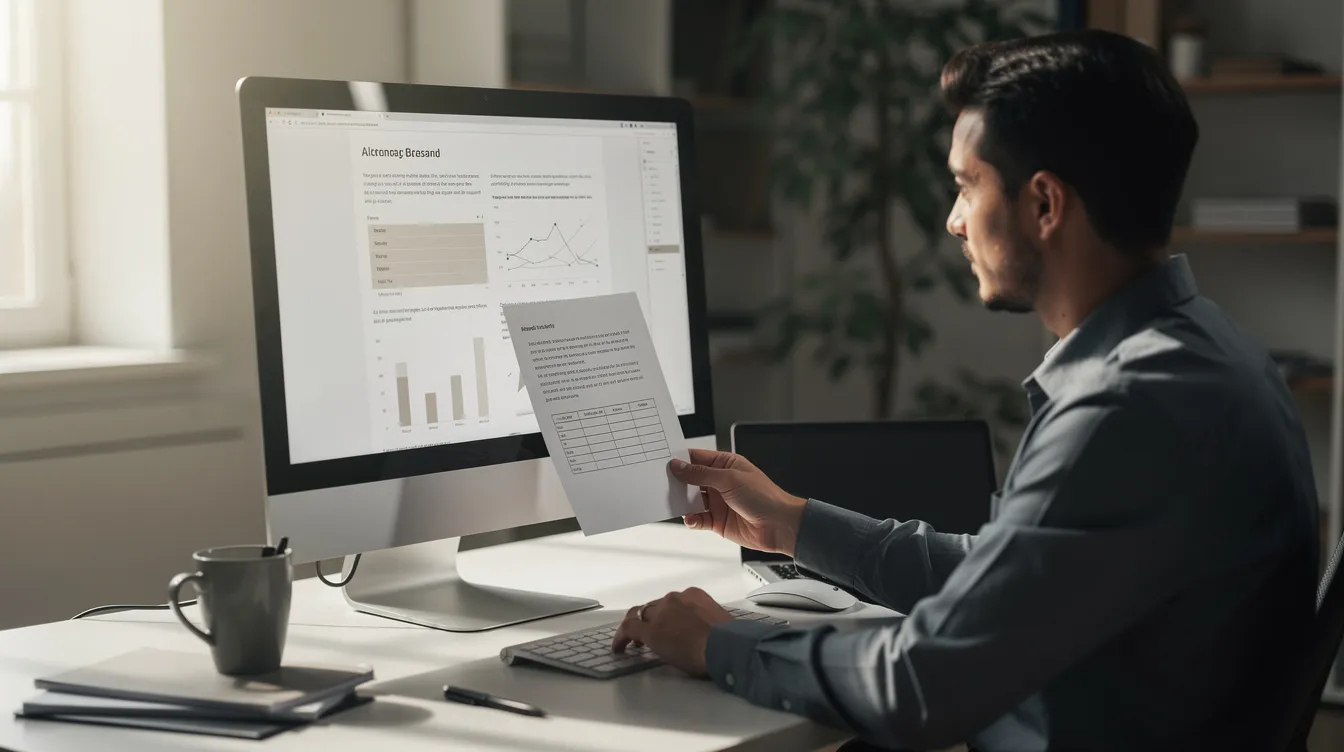 A person is seated at a desk, intently comparing information displayed on a computer screen with a document held in their hand, possibly assessing data related to 防 騙 measures or verifying personal information to prevent being 騙.