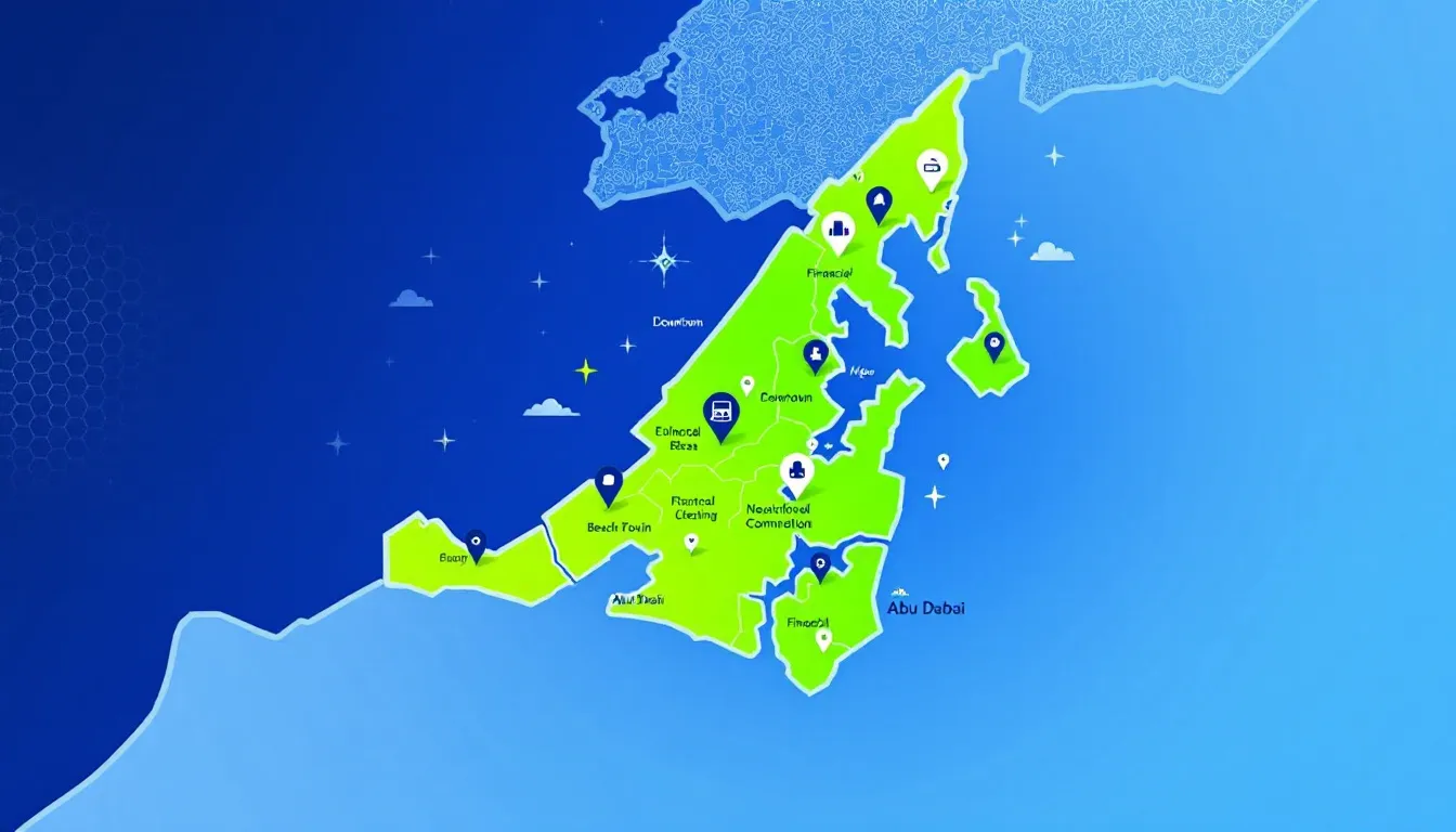 Map highlighting service areas covered in Abu Dhabi for sofa cleaning services.