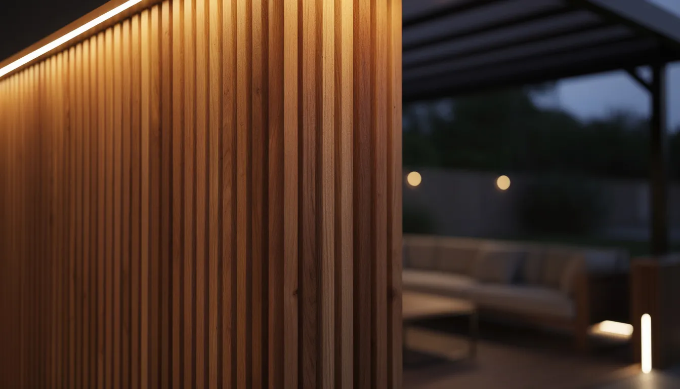Een close-up van wandbekleding overkapping met een warme houtlook, bestaande uit houten latjes, verlicht door sfeervolle verlichting in een overdekte buitenruimte. Deze wandpanelen zijn ideaal voor het creëren van een gezellige sfeer, zelfs bij slechte weersomstandigheden.