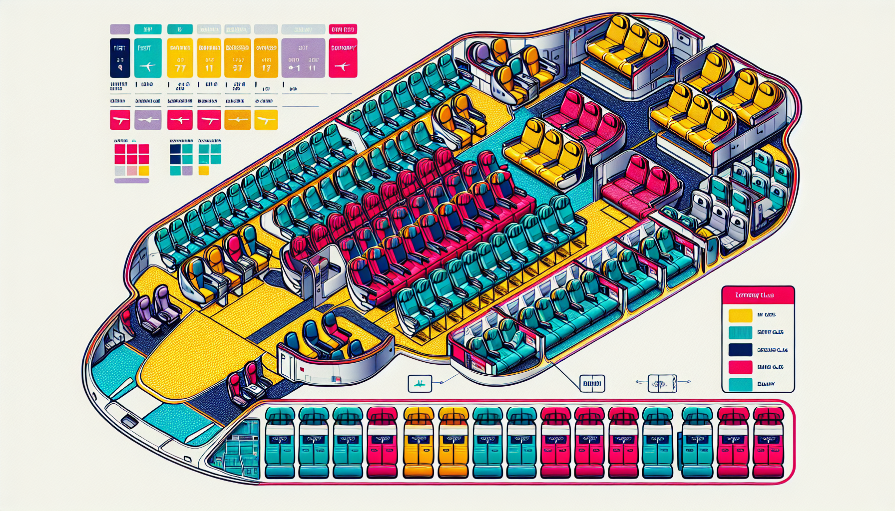 An illustration of a Boeing 777 seat map showcasing different seating classes.