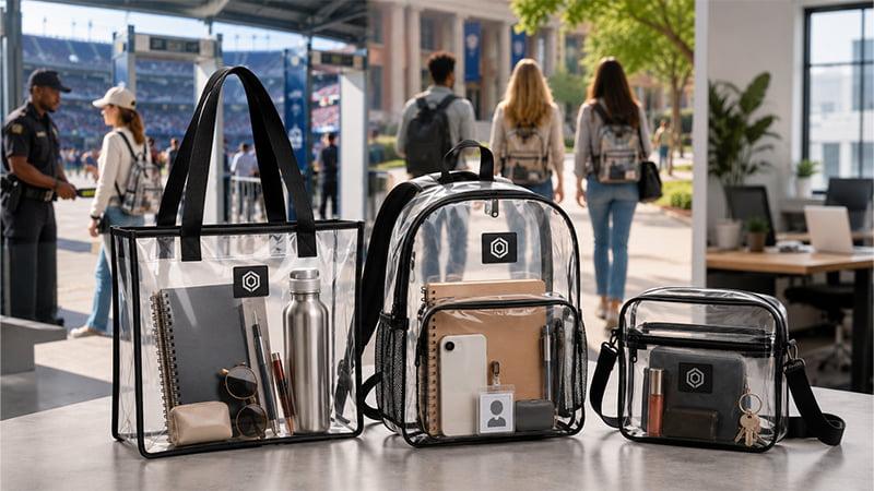 Clear tote bag, transparent backpack, and clear crossbody bag for stadium entry, school use, and workplace security.