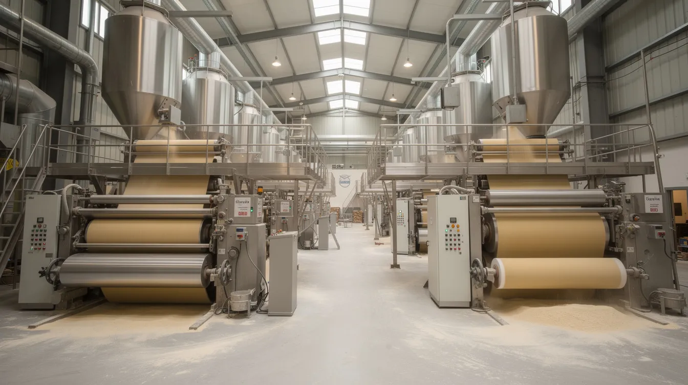 The image depicts the interior of a large roller flour mill facility, featuring robust steel machinery, grain hoppers, and an intricate conveyor system designed for processing wheat grains into various flour types, including whole wheat flour and maida. This sophisticated setup illustrates the scale and complexity involved in the production of high-quality flour, essential for various food products.