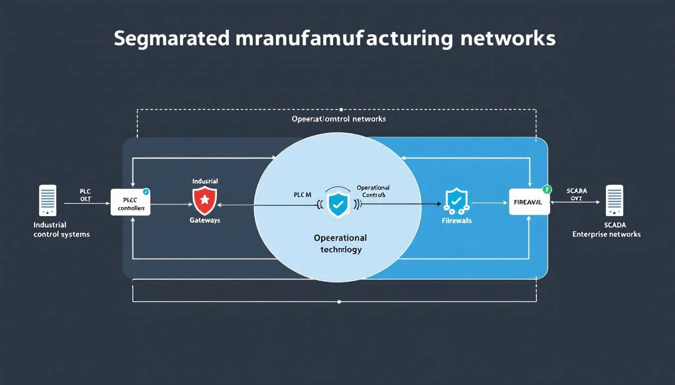 The image depicts a network security diagram illustrating segmented manufacturing networks, with firewalls safeguarding operational technology systems. This setup emphasizes the importance of data-driven manufacturing and advanced analytics in enhancing operational efficiency and protecting critical production processes.