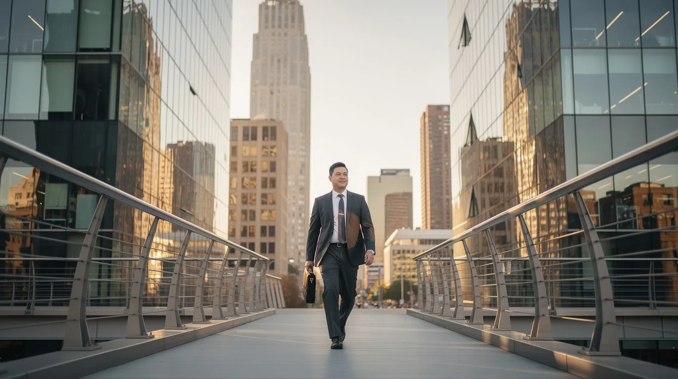 一位穿著正式商務服裝的專業人士自信地走過連接兩座現代辦公大樓的時尚行人天橋，背景是充滿活力的城市天際線，象徵香港特別行政區繁忙的工作環境。此場景反映公務員工作與都市生活的交匯點。