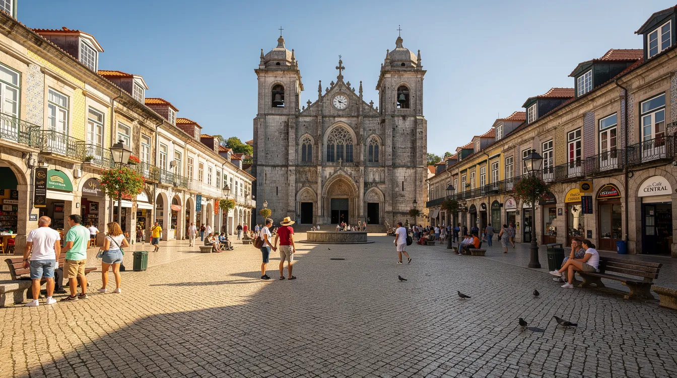 Imagem de uma praça histórica na Croácia, com uma catedral imponente ao fundo e diversas pessoas caminhando sob um céu ensolarado, refletindo a vibrante vida urbana da cidade antiga. O ambiente é alegre e movimentado, típico de um dia de verão em destinos turísticos.