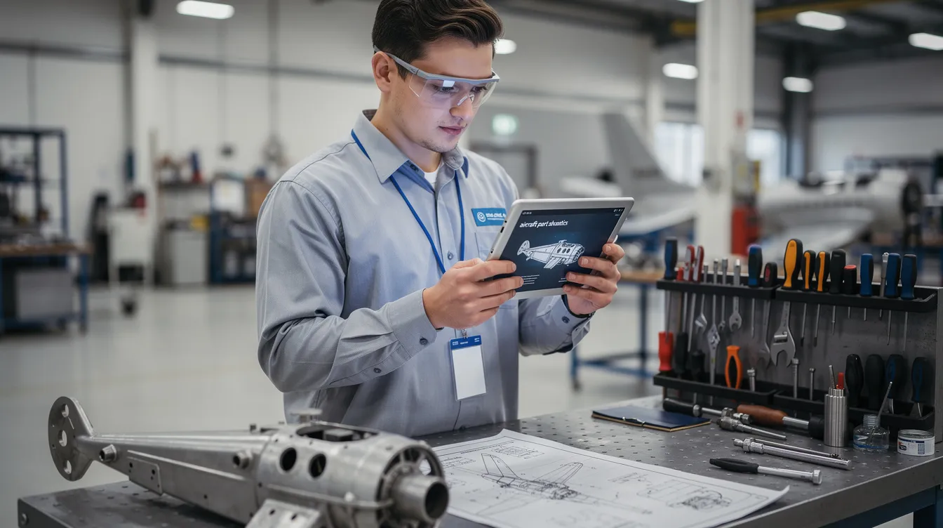 A student, acting as an aviation maintenance technician, is reviewing aircraft components on a tablet while surrounded by various tools. This scene highlights the practical training and educational materials essential for meeting the requirements of Part 147 curriculum in aviation maintenance technician schools.