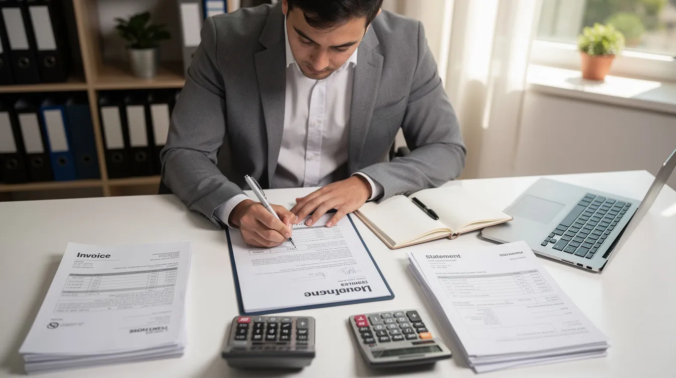 A small business owner is focused on filling out a loan application form at a desk, surrounded by various documents and a calculator, as they seek financial assistance through the Mudra scheme to support their micro enterprise. The scene reflects the careful consideration needed to meet eligibility criteria for securing a business loan from a bank or financial institution.