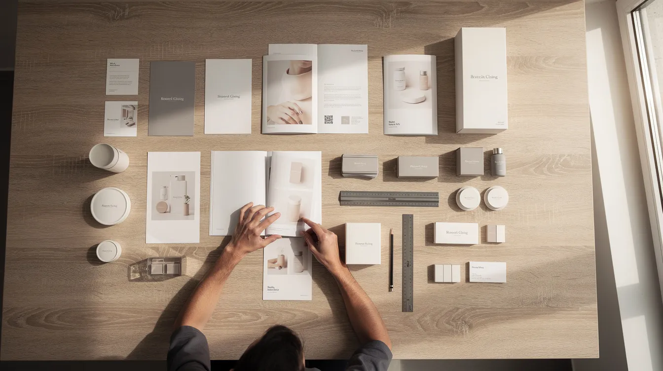 The image shows a graphic designer meticulously arranging printed brochures, business cards, and packaging mockups on a large table, showcasing various graphic design projects and marketing materials. This setup highlights the designer's creative skills and attention to detail, essential for delivering high-quality visuals and effective brand identity solutions.
