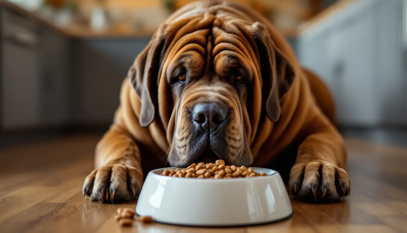 A large, brown Neapolitan Mastiff with loose, wrinkled skin is joyfully eating high-quality dog food from a large bowl, reflecting its gentle giant nature and the breed's reputation as an excellent guard dog. This massive dog enjoys a nutritious meal that supports its health as a giant breed.