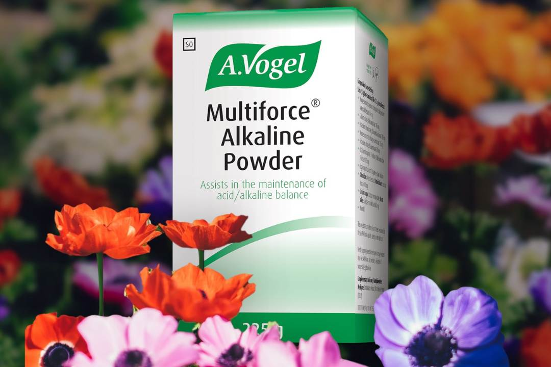 vogel multiforce alkaline powder with colourful flowers, adequate alkaline minerals, reducing blood pressure, diuretic and alkalinising effect