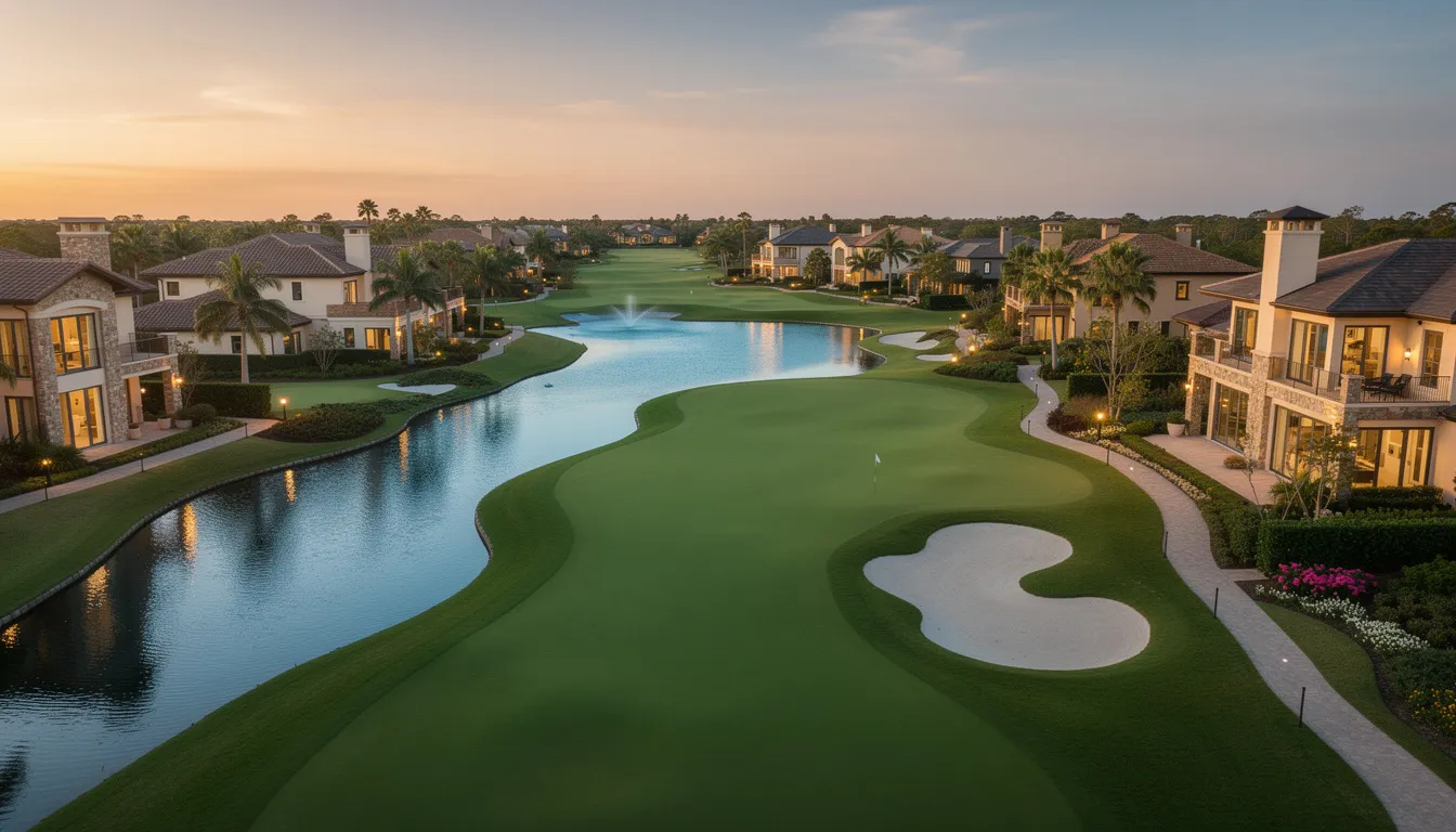 The image showcases a stunning golf course fairway surrounded by luxury homes and picturesque water features, highlighting the premium real estate available in Cape Royal, a highly desired gated golf course community in Cape Coral, FL. The scene reflects the beauty and sophistication of the championship golf community, perfect for potential new owners looking to enjoy a beautifully updated home.