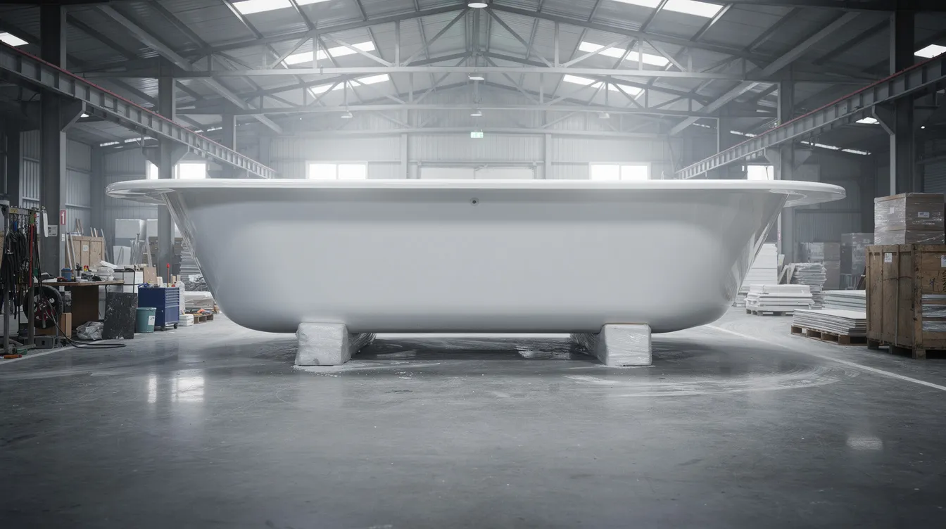 A large fiberglass pool shell is positioned on padded supports in a factory warehouse, showcasing the fiberglass pool construction process. The scene highlights the pool's smooth surface and design, indicating its readiness for transport and installation at a future site.